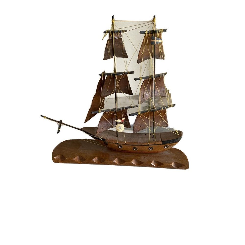 Handcrafted Wooden Model‎ Ship With Sails Mounted On Wooden Base Nautical Decor